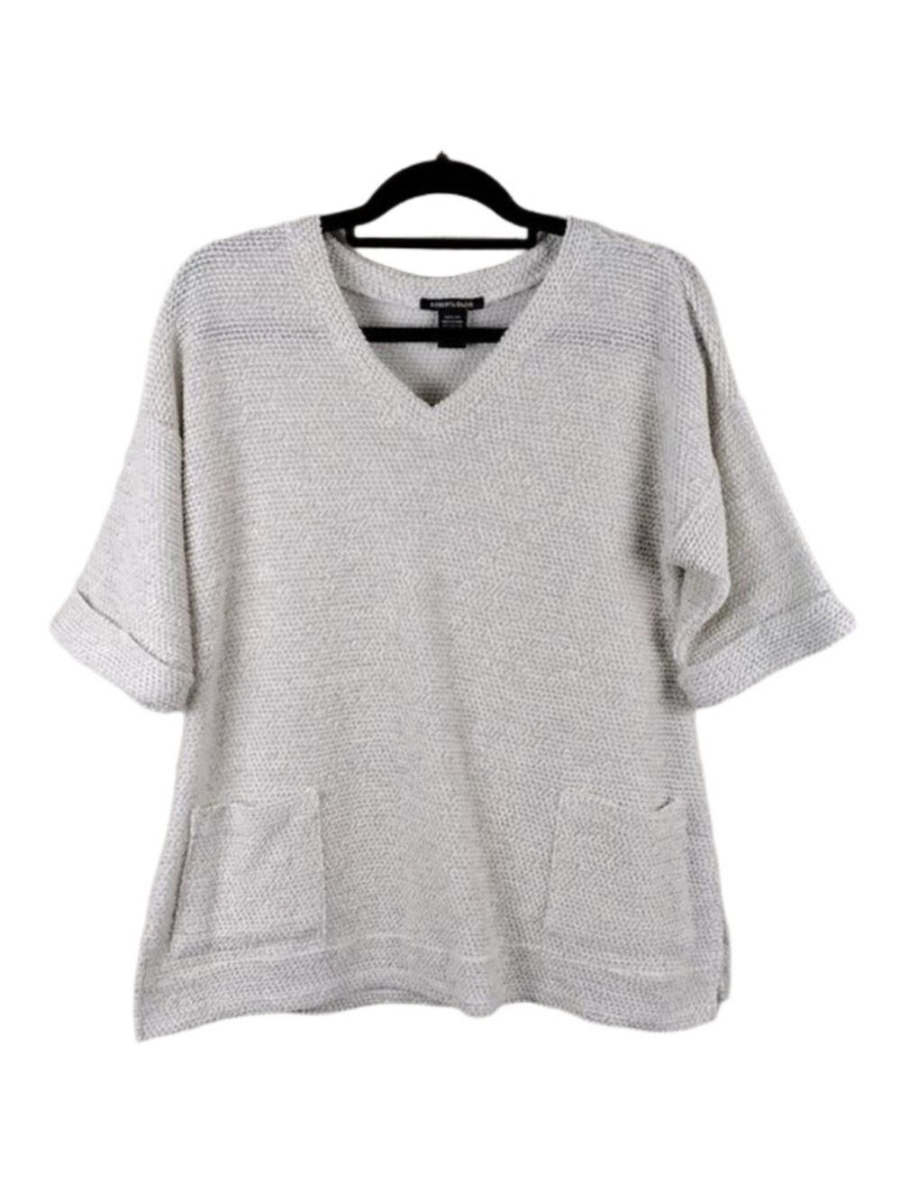 Robert Louis Natural Knit V-Neck Short Cuffed Sleeves Pullover Tunic Sweater Top